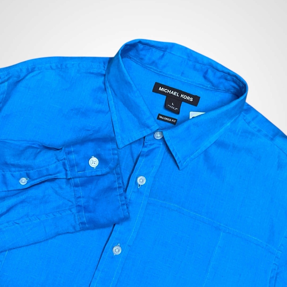 Michael Kors Men's Tailored Classic Fit Button Down Linen Shirt Ocea Blue Size L
